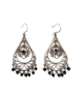 MONET Vintage Y2K Chandelier Earrings, Gunmetal Silver with Black Crystal Beads